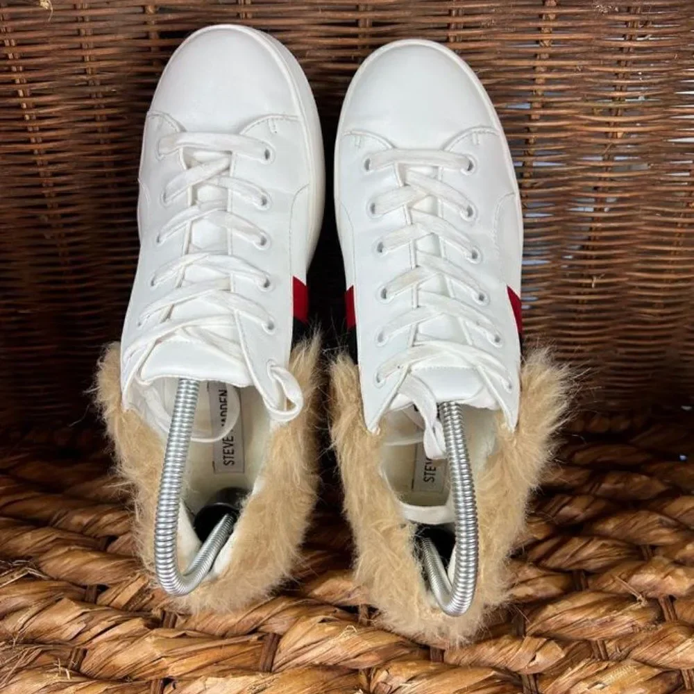 Steve Madden Sz‎ 7.5 Women's White Belle Faux-Fur Lace-Up Platforms Sneakers